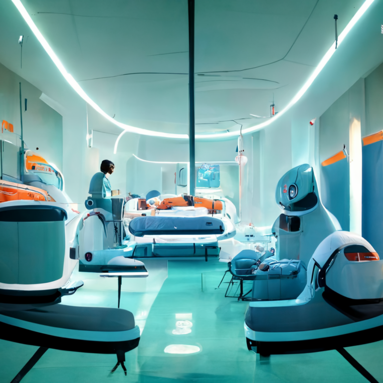 Futuristic hospital scene from the text-to-art algorithm Midjourney
