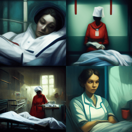Overworked nurse depicted by text to art  Midjourney